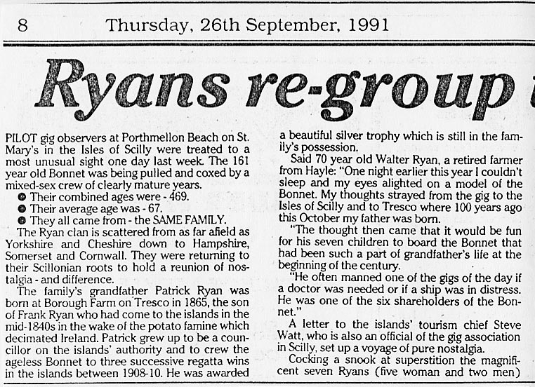 A scanned page from The Cornishman about the Ryan family reunion in the Isles of Scilly, Sept. 1991 - I, with permission