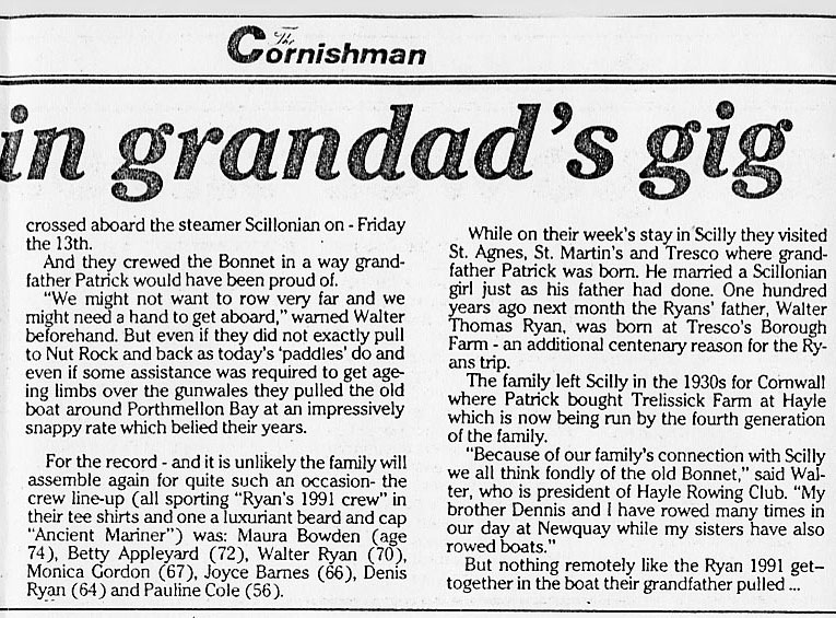 A scanned page from The Cornishman about the Ryan family reunion in the Isles of Scilly, Sept. 1991 - II, with permission