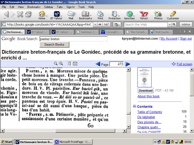 Screen dump from online Breton disctionary about 'pastez' - I