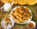 Samsa & black tea. National cuisine of Uzbekistan