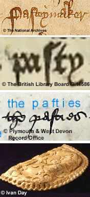 Images of (from the top): pafteymaker (1296 AD), pafty (William Caxton 1476 AD, the pafties, Plymourh 1510 AD) and Edward Kitter's D-shaped turnover pasty (1720 AD).