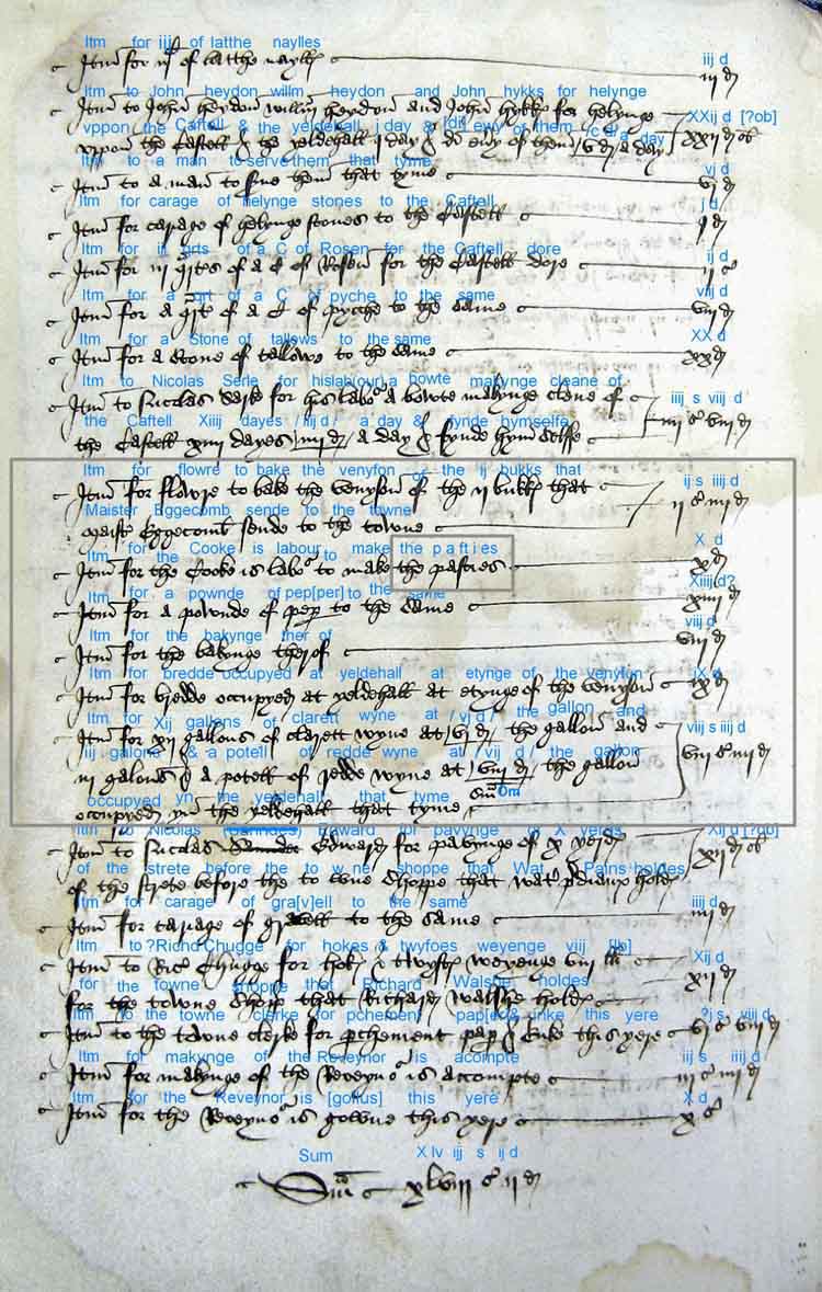 Plymouth Adit Book 1510, page mentioning pasties. The blue print is the digitally overlain transcription of the original Middle English