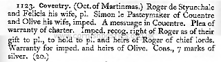 Entry 1123 in the Warwickshire Feet of Fines, Vol. II, mentioning Simon Le Pasteymaker